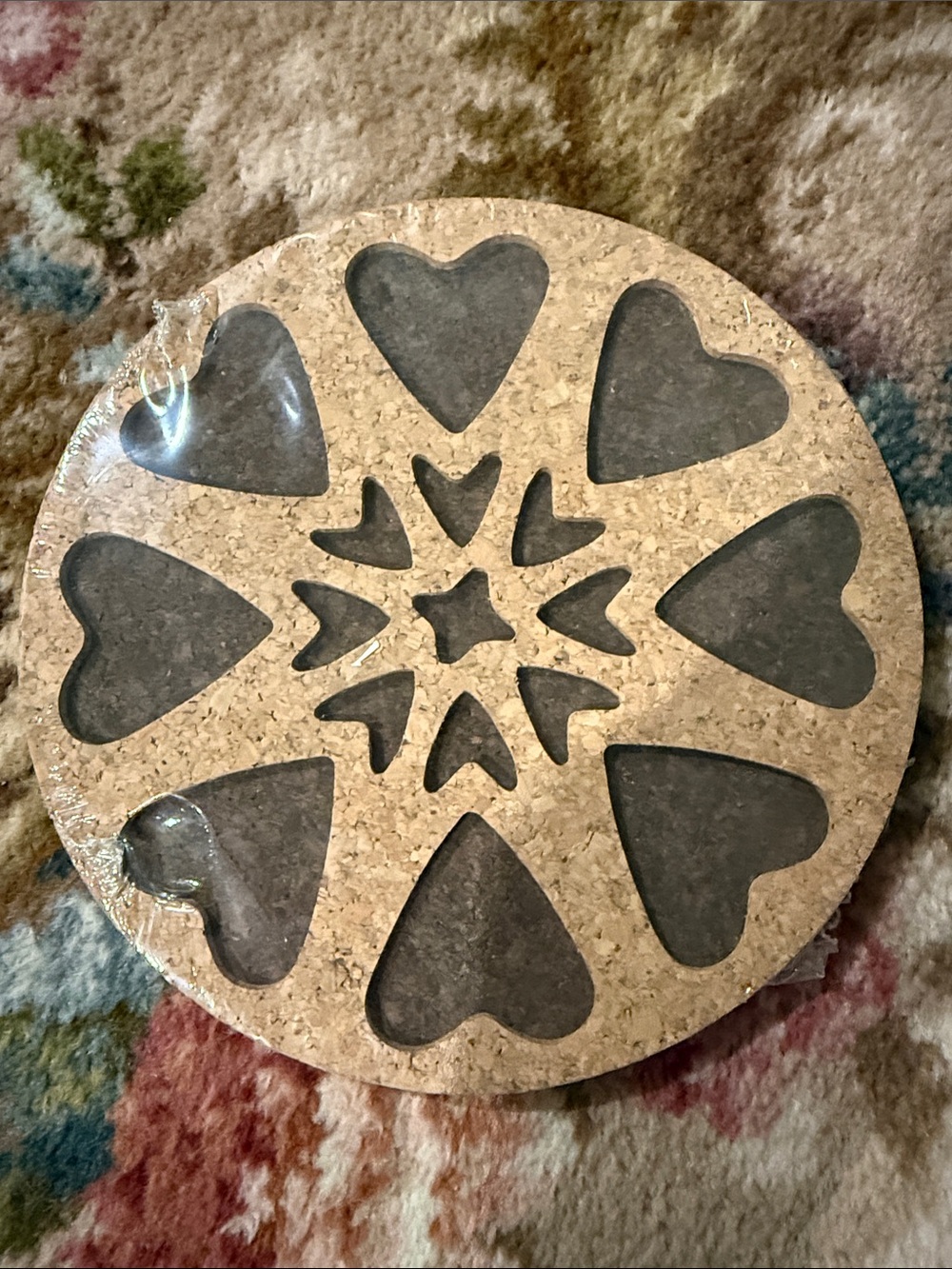 The Pampered Chef Cork Trivet with Gray Heart Inlays
